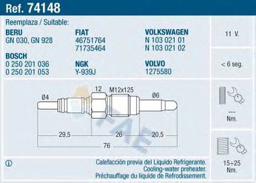 FAE 74148 Свічка розжарювання; Свічка розжарення, електр. обігрів